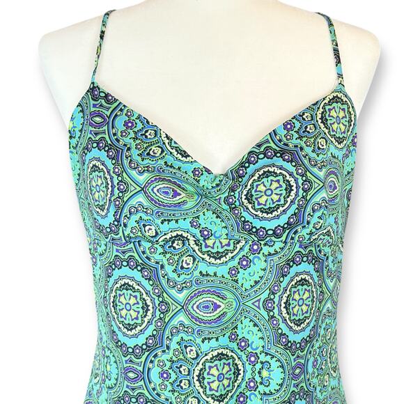 Y2K Babydoll Vintage Blue Green Medallion Phoebe Buffay Midi Slip 90s Dress L/XL - Picture 2 of 6
